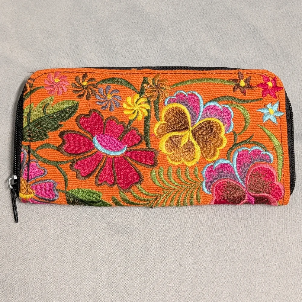 Beautiful Hand Embroidered Colorful Floral Zip Around Wallet